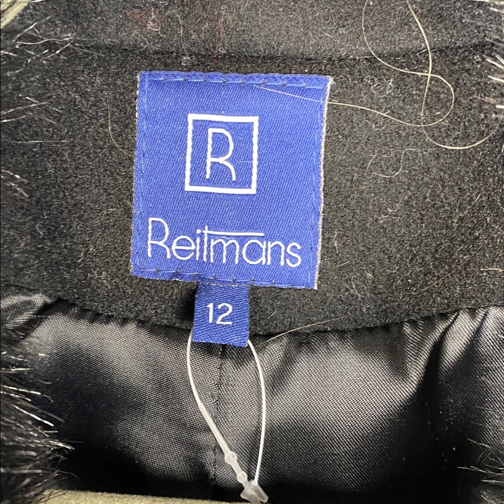 Reitmans Black Wool Pea Mid Length Coat with Faux Fur Collar Sz 12 - Picture 7 of 14